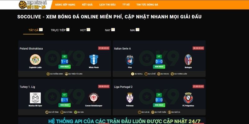 Hệ thống API các trận đấu luôn được cập nhật 24/7